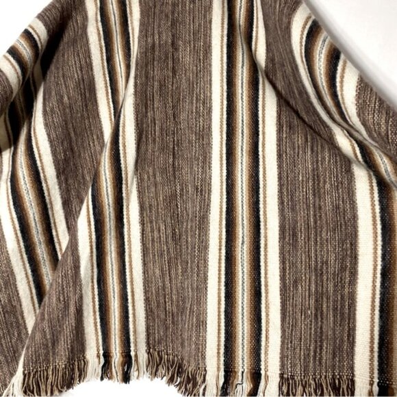 Unisex Brown Tan Striped Woven Alpaca Wool Poncho - Picture 5 of 11